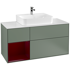 Villeroy und Boch Finion Waschtischunterschrank G161HBGM 120cm, Abdeckplatte white matt, Emotion, Regal links Peony, Olive Matt Lacquer