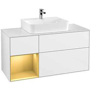 Villeroy et Boch Finion Villeroy et Boch G161HFGF 120cm, plaque de recouvrement blanc mat, Emotion, étagère gauche or mat, laqué blanc brillant