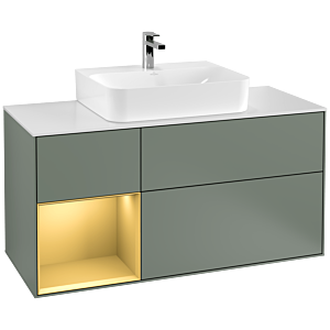 Villeroy und Boch Finion Waschtischunterschrank G161HFGM 120cm, Abdeckplatte white matt, Emotion, Regal links Gold matt, Olive Matt Lacquer