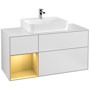 Villeroy und Boch Finion Waschtischunterschrank G161HFMT 120cm, Abdeckplatte white matt, Emotion, Regal links Gold matt, White matt lacquer