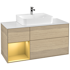 Villeroy und Boch Finion Waschtischunterschrank G161HFPC 120cm, Abdeckplatte white matt, Emotion, Regal links Gold matt, Oak Veneer