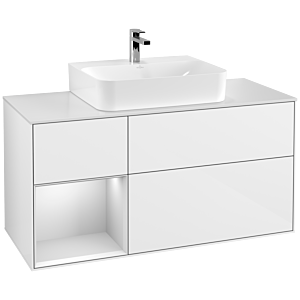 Villeroy und Boch Finion Waschtischunterschrank G161MTGF 120cm, Abdeckplatte white matt, Emotion, Regal links White matt lacquer, Glossy white lacquer