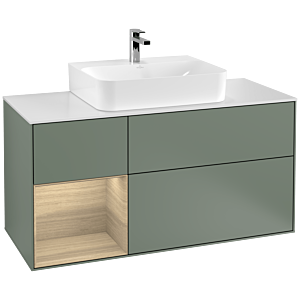 Villeroy und Boch Finion Waschtischunterschrank G161PCGM 120cm, Abdeckplatte white matt, Emotion, Regal links Oak Veneer, Olive Matt Lacquer