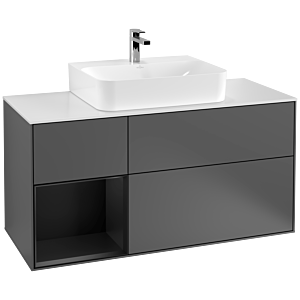 Villeroy und Boch Finion Waschtischunterschrank G161PDGK 120cm, Abdeckplatte white matt, Emotion, Regal links Black matt lacquer, Anthracite matt