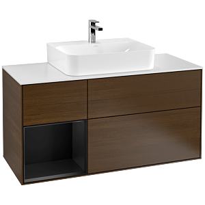 Villeroy und Boch Finion Waschtischunterschrank G161PDGN 120cm, Abdeckplatte white matt, Emotion, Regal links Black matt lacquer, Walnut veneer