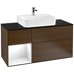 Villeroy et Boch Finion Villeroy et Boch G162GFGN 120cm, plaque de finition noir mat, Emotion, étagère à gauche Laque blanc brillant, placage noyer