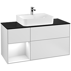 Villeroy und Boch Finion Waschtischunterschrank G162GFMT 120cm, Abdeckplatte black matt, Emotion, Regal links Glossy white lacquer, White matt lacquer