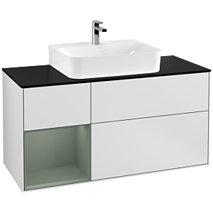 Villeroy und Boch Finion Waschtischunterschrank G162GMMT 120cm, Abdeckplatte black matt, Emotion, Regal links Olive Matt Lacquer, White matt lacquer