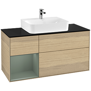 Villeroy und Boch Finion Waschtischunterschrank G162GMPC 120cm, Abdeckplatte black matt, Emotion, Regal links Olive Matt Lacquer, Oak Veneer