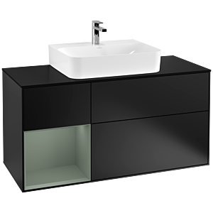Villeroy und Boch Finion Waschtischunterschrank G162GMPD 120cm, Abdeckplatte black matt, Emotion, Regal links Olive Matt Lacquer, Black matt lacquer