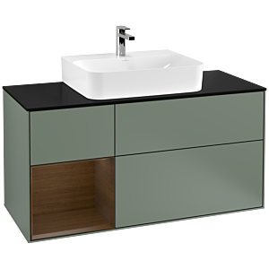 Villeroy und Boch Finion Waschtischunterschrank G162GNGM 120cm, Abdeckplatte black matt, Emotion, Regal links Walnut veneer, Olive Matt Lacquer
