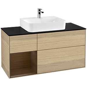 Villeroy und Boch Finion Waschtischunterschrank G162GNPC 120cm, Abdeckplatte black matt, Emotion, Regal links Walnut veneer, Oak Veneer