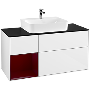 Villeroy und Boch Finion Waschtischunterschrank G162HBGF 120cm, Abdeckplatte black matt, Emotion, Regal links Peony, Glossy white lacquer