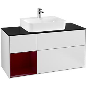 Villeroy et Boch Finion Villeroy et Boch G162HBMT 120cm, plaque de finition noir mat, Emotion, étagère à gauche Peony , laqué blanc mat