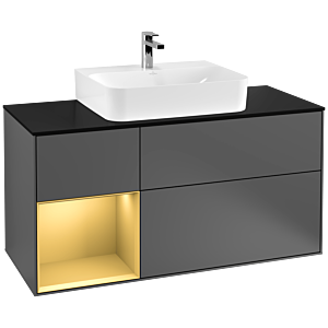 Villeroy und Boch Finion Waschtischunterschrank G162HFGK 120cm, Abdeckplatte black matt, Emotion, Regal links Gold matt, Anthracite matt