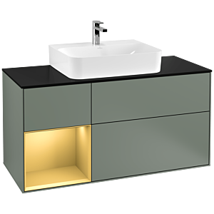 Villeroy und Boch Finion Waschtischunterschrank G162HFGM 120cm, Abdeckplatte black matt, Emotion, Regal links Gold matt, Olive Matt Lacquer