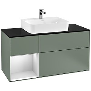 Villeroy und Boch Finion Waschtischunterschrank G162MTGM 120cm, Abdeckplatte black matt, Emotion, Regal links White matt lacquer, Olive Matt Lacquer