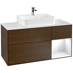 Villeroy und Boch Finion Waschtischunterschrank G171GFGN 120cm, Abdeckplatte white matt, Emotion, Regal rechts Glossy white lacquer, Walnut veneer