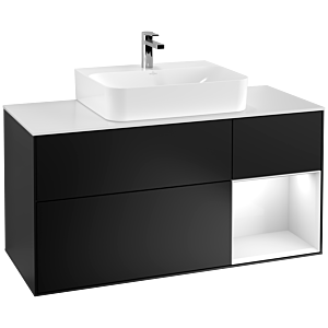 Villeroy et Boch Finion Villeroy et Boch G171GFPD 120cm, couvercle blanc mat, Emotion, étagère à droite laqué blanc brillant, laqué noir mat