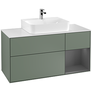 Villeroy und Boch Finion Waschtischunterschrank G171GKGM 120cm, Abdeckplatte white matt, Emotion, Regal rechts Anthracite matt, Olive Matt Lacquer
