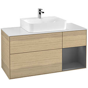 Villeroy und Boch Finion Waschtischunterschrank G171GKPC 120cm, Abdeckplatte white matt, Emotion, Regal rechts Anthracite matt, Oak Veneer