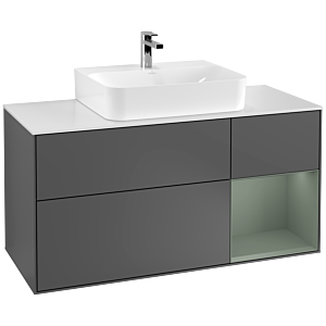 Villeroy und Boch Finion Waschtischunterschrank G171GMGK 120cm, Abdeckplatte white matt, Emotion, Regal rechts Olive Matt Lacquer, Anthracite matt