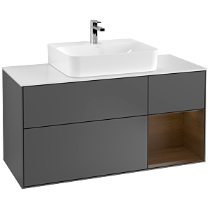 Villeroy und Boch Finion Waschtischunterschrank G171GNGK 120cm, Abdeckplatte white matt, Emotion, Regal rechts Walnut veneer, Anthracite matt