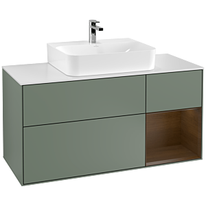 Villeroy und Boch Finion Waschtischunterschrank G171GNGM 120cm, Abdeckplatte white matt, Emotion, Regal rechts Walnut veneer, Olive Matt Lacquer