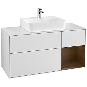 Villeroy und Boch Finion Waschtischunterschrank G171GNMT 120cm, Abdeckplatte white matt, Emotion, Regal rechts Walnut veneer, White matt lacquer