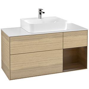 Villeroy und Boch Finion Waschtischunterschrank G171GNPC 120cm, Abdeckplatte white matt, Emotion, Regal rechts Walnut veneer, Oak Veneer