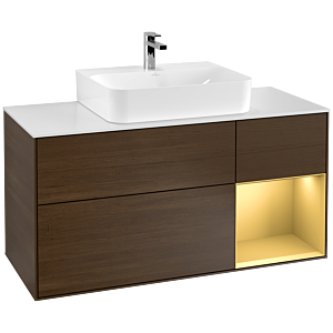 Villeroy und Boch Finion Waschtischunterschrank G171HFGN 120cm, Abdeckplatte white matt, Emotion, Regal rechts Gold matt, Walnut veneer