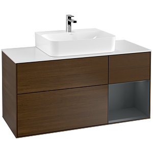Villeroy und Boch Finion Waschtischunterschrank G171HGGN 120cm, Abdeckplatte white matt, Emotion, Regal rechts Midnight Blue Matt Lacquer, Walnut veneer