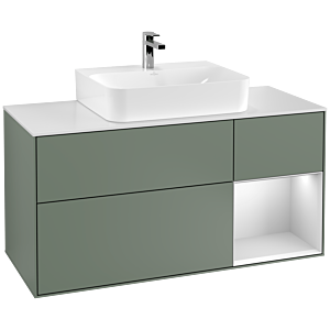 Villeroy et Boch Finion Villeroy et Boch G171MTGM 120cm, plaque de recouvrement blanc mat, Emotion, étagère à droite laqué blanc mat, Olive Matt Lacquer