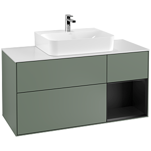 Villeroy und Boch Finion Waschtischunterschrank G171PDGM 120cm, Abdeckplatte white matt, Emotion, Regal rechts Black matt lacquer, Olive Matt Lacquer