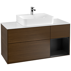 Villeroy et Boch Finion Villeroy et Boch G171PDGN 120cm, plaque de recouvrement blanc mat, émotion, étagère à droite laqué noir mat, placage noyer