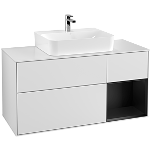 Villeroy et Boch Finion Villeroy et Boch G171PDMT 120cm, plaque de finition blanc mat, Emotion, étagère à droite laqué noir mat, laqué blanc mat