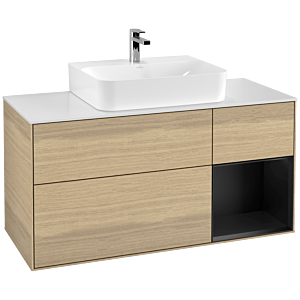 Villeroy und Boch Finion Waschtischunterschrank G171PDPC 120cm, Abdeckplatte white matt, Emotion, Regal rechts Black matt lacquer, Oak Veneer