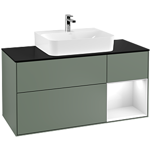 Villeroy and Boch Finion Villeroy and Boch Finion G172GFGM 120cm, cover plate black matt, Emotion, shelf on the right Glossy white lacquer, Olive Matt Lacquer