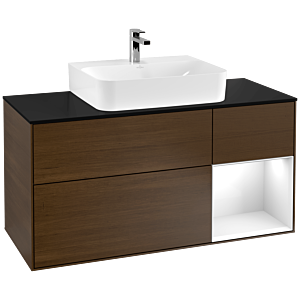 Villeroy et Boch Finion Villeroy et Boch G172GFGN 120cm, plaque de finition noir mat, Emotion, étagère à droite Laque blanc brillant, placage noyer
