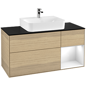 Villeroy und Boch Finion Waschtischunterschrank G172GFPC 120cm, Abdeckplatte black matt, Emotion, Regal rechts Glossy white lacquer, Oak Veneer