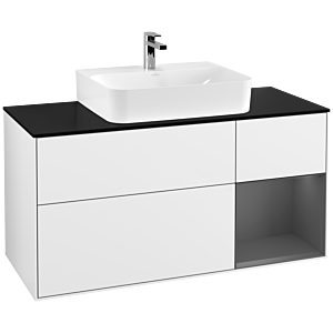 Villeroy und Boch Finion Waschtischunterschrank G172GKGF 120cm, Abdeckplatte black matt, Emotion, Regal rechts Anthracite matt, Glossy white lacquer