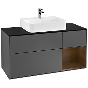 Villeroy und Boch Finion Waschtischunterschrank G172GNGK 120cm, Abdeckplatte black matt, Emotion, Regal rechts Walnut veneer, Anthracite matt