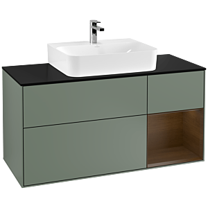 Villeroy und Boch Finion Waschtischunterschrank G172GNGM 120cm, Abdeckplatte black matt, Emotion, Regal rechts Walnut veneer, Olive Matt Lacquer