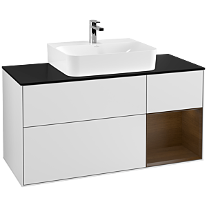 Villeroy und Boch Finion Waschtischunterschrank G172GNMT 120cm, Abdeckplatte black matt, Emotion, Regal rechts Walnut veneer, White matt lacquer