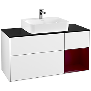 Villeroy und Boch Finion Waschtischunterschrank G172HBGF 120cm, Abdeckplatte black matt, Emotion, Regal rechts Peony, Glossy white lacquer