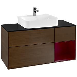 Villeroy und Boch Finion Waschtischunterschrank G172HBGN 120cm, Abdeckplatte black matt, Emotion, Regal rechts Peony, Walnut veneer