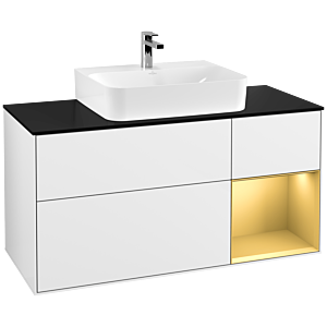 Villeroy und Boch Finion Waschtischunterschrank G172HFGF 120cm, Abdeckplatte black matt, Emotion, Regal rechts Gold matt, Glossy white lacquer