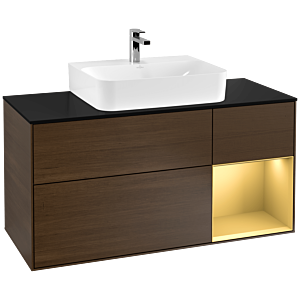 Villeroy und Boch Finion Waschtischunterschrank G172HFGN 120cm, Abdeckplatte black matt, Emotion, Regal rechts Gold matt, Walnut veneer