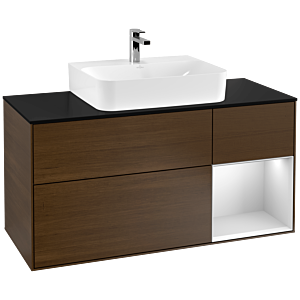 Villeroy und Boch Finion Waschtischunterschrank G172MTGN 120cm, Abdeckplatte black matt, Emotion, Regal rechts White matt lacquer, Walnut veneer