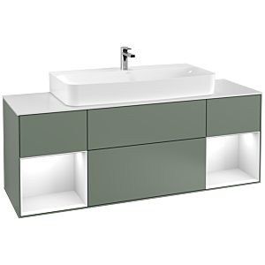 Villeroy und Boch Finion Waschtischunterschrank G211GFGM 160cm, Abdeckplatte white matt, Emotion, Regale Glossy white lacquer, Olive Matt Lacquer